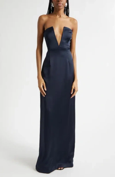 Ramy Brook Raquel Plunge Strapless Column Gown In Blue