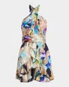 Ramy Brook Marble Reuben Ruffle Metallic Jacquard Halter Minidress In Spring Navy Marble
