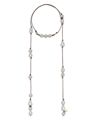 Ramy Brook Riya Imitation Pearl Leather Cord Wrap Necklace, 52 In Gray