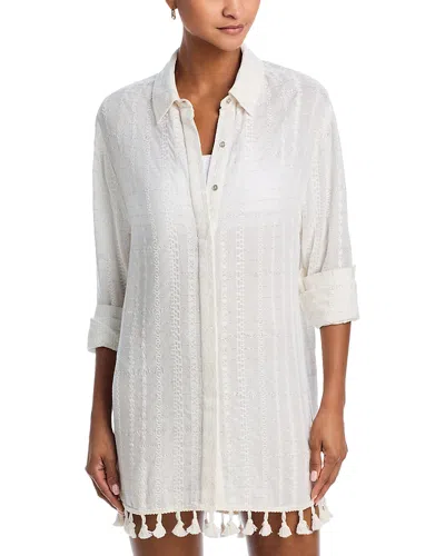 Ramy Brook Roman White Stripe Tassel Cover Up Shirt