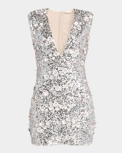 Ramy Brook Rosette Floral Sequin Deep V-neck Mini Dress In Gray