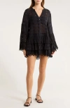 Ramy Brook Roxanne Long Sleeve Sheer Cotton Broderie Anglaise Cover-up Dress In Black