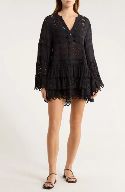 Ramy Brook Roxanne Long Sleeve Sheer Cotton Broderie Anglaise Cover-up Dress In Black
