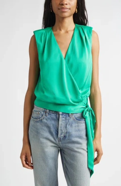Ramy Brook Salina Sleeveless Satin Wrap Top In Green