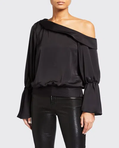 Ramy Brook Sammy One-shoulder Flare-sleeve Satin Top In Black