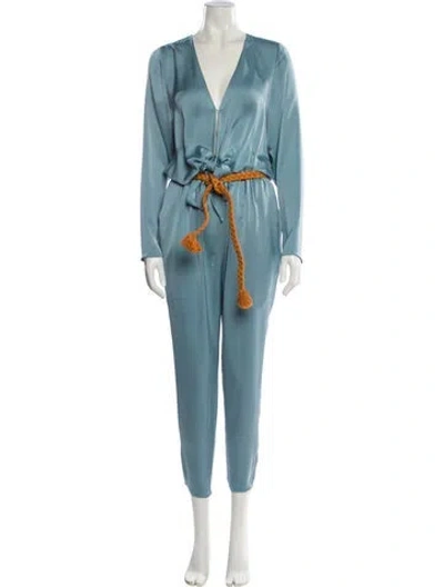 Pre-owned Ramy Brook Satin Plunge Neckline Jumpsuit In Blue