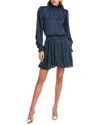 Ramy Brook Sawyer Metallic Pleat Long Sleeve Silk Blend Minidress In Navy