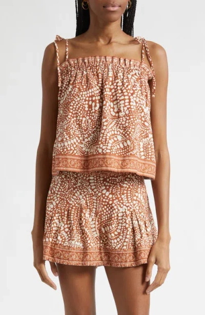 Ramy Brook Scarlett Print Cotton Tie Shoulder Top In Brown