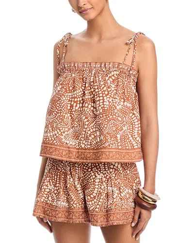 Ramy Brook Scarlett Print Cotton Tie Shoulder Top In Brown