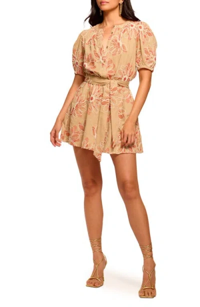 Ramy Brook Selby Belted Floral Embroidered Puff Sleeve Minidress In Natural Fleur