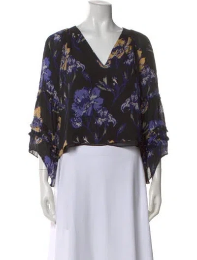 Pre-owned Ramy Brook Silk Floral Print Blouse In Black