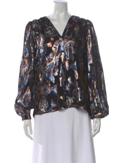 Pre-owned Ramy Brook Silk Floral Print Blouse In Black
