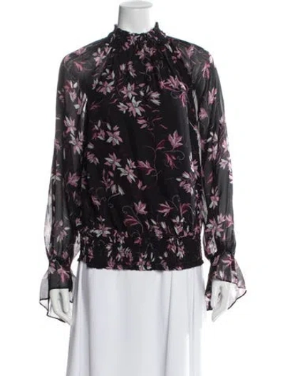 Pre-owned Ramy Brook Silk Floral Print Blouse In Black