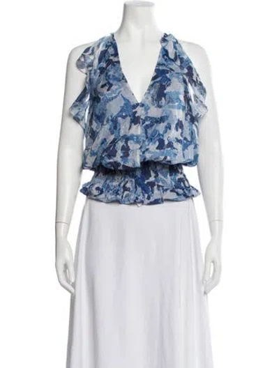 Pre-owned Ramy Brook Silk Printed Blouse W/ Tags In Blue