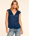 Ramy Brook Silvia Clip Dot Ruffle Accent Button-up Top In Blue