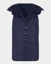 Ramy Brook Silvia Clip Dot Ruffle Accent Button-up Top In Blue