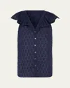Ramy Brook Silvia Clip Dot Ruffle Accent Button-up Top In Blue