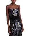 Ramy Brook Stanley Sequin Feather Trim Camisole In Black Sequin Swirl