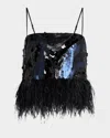 Ramy Brook Stanley Sequin Feather Trim Camisole In Black Sequin Swirl