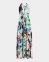 Ramy Brook Stefanie Metallic Jacquard Halter Gown In Spring Navy Marble