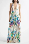 Ramy Brook Stefanie Metallic Jacquard Halter Gown In Ivory Marble