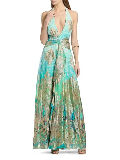 Ramy Brook Stephanie Jacquard Plunging Halter Gown In Bright Lime Ombre In Multi