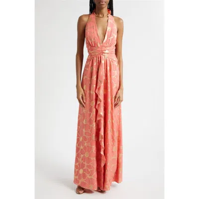 Ramy Brook Stephanie Metallic Daisy Print Halter Gown In Orange