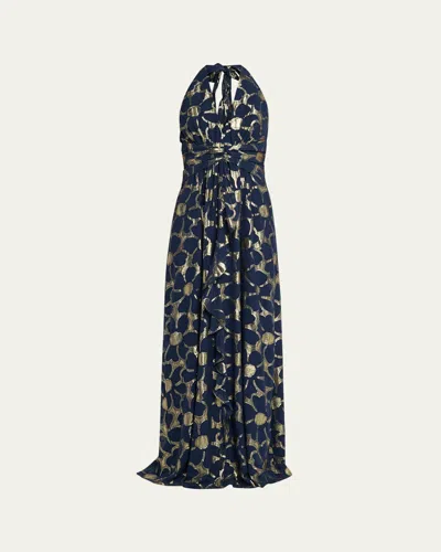 Ramy Brook Stephanie Metallic Floral Halter Maxi Dress In Blue