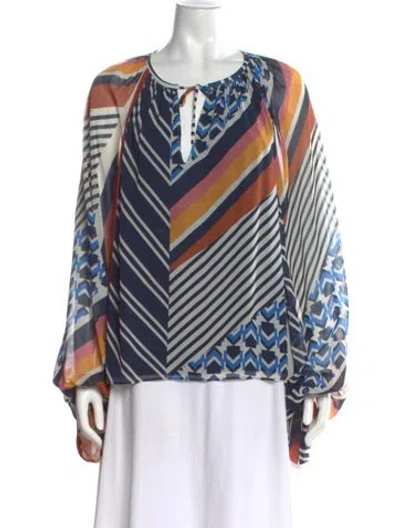 Pre-owned Ramy Brook Striped Tie Neck Blouse In Blue