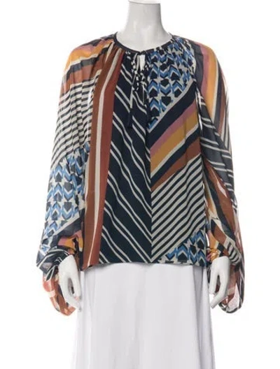Pre-owned Ramy Brook Striped Tie Neck Blouse In Blue