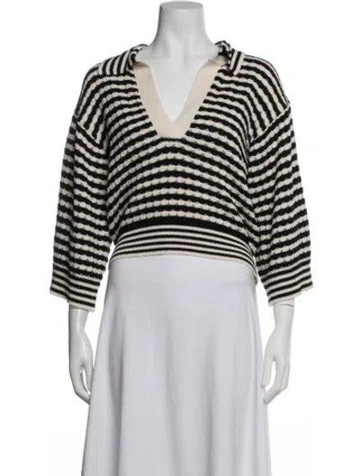 Pre-owned Ramy Brook Striped V-neck Sweater In Black
