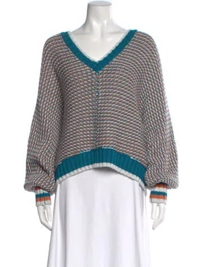 Pre-owned Ramy Brook Striped V-neck Sweater In Blue
