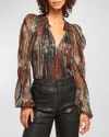 Ramy Brook Sukie Pleated Multi-knit Blouse In Saddle Multi Knit