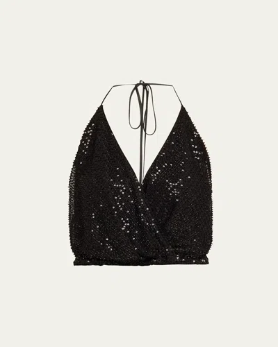 Ramy Brook Sullivan Sequined Halter Top In Black Beaded Mesh