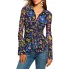 Ramy Brook Talisa Mesh Long Sleeve Button Down Top In Blue