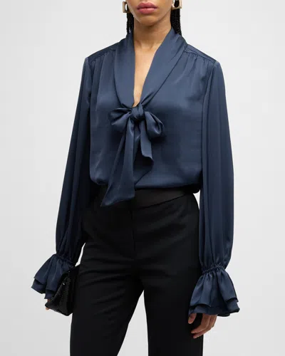 Ramy Brook Tammy Satin Tie-neck Blouse In Navy