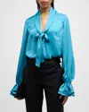 Ramy Brook Tammy Satin Tie-neck Blouse In Western Blue