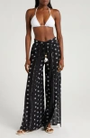 Ramy Brook Tassel Tie Vented Wide Leg Cover-up Pants In Black/ White Combo