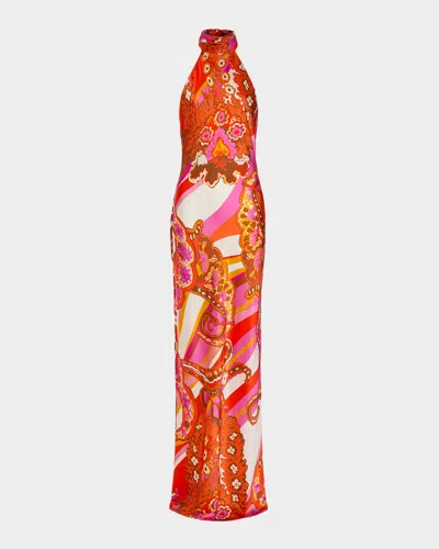 Ramy Brook Tatiana Mixed Print Stretch Silk Halter Neck Gown In Orange