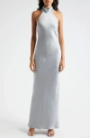 Ramy Brook Tatiana Halter Neck Satin Gown In Dove Grey