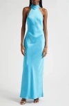 Ramy Brook Tatiana Halter Neck Satin Gown In Isola Blue