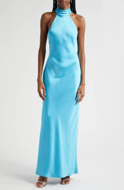 Ramy Brook Tatiana Halter Neck Satin Gown In Blue