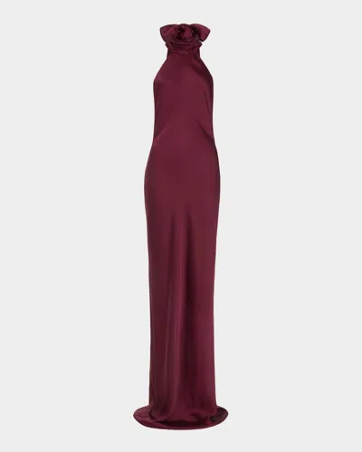 Ramy Brook Tatiana Low-cut Halter Column Gown In Burgundy