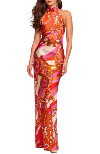 Tatiana Mixed Print Stretch Silk Halter Neck Gown In Orange from Ramy Brook