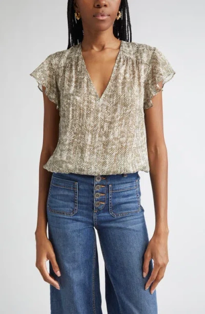 Ramy Brook Teresa Flutter Sleeve Top In Olive Baja Dot Print In Gray