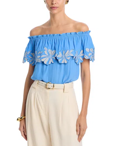 Ramy Brook Terri Embroidered Floral Ruffle Off The Shoulder Top In Ribbon Blue