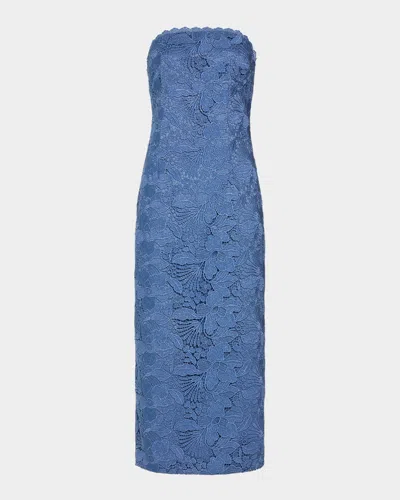 Ramy Brook Tessa Metallic Floral Strapless Lace Sheath Cocktail Dress In Blue