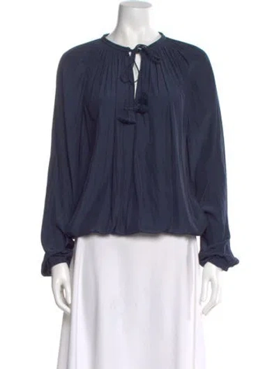 Pre-owned Ramy Brook Tie Neck Long Sleeve Blouse In Blue