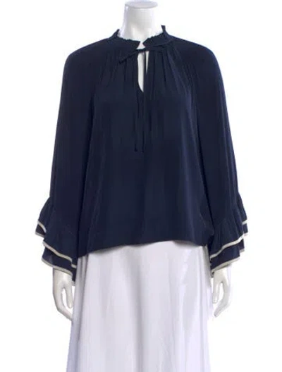 Pre-owned Ramy Brook Tie Neck Long Sleeve Blouse In Blue