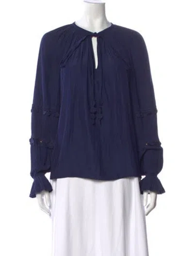Pre-owned Ramy Brook Tie Neck Long Sleeve Blouse In Blue